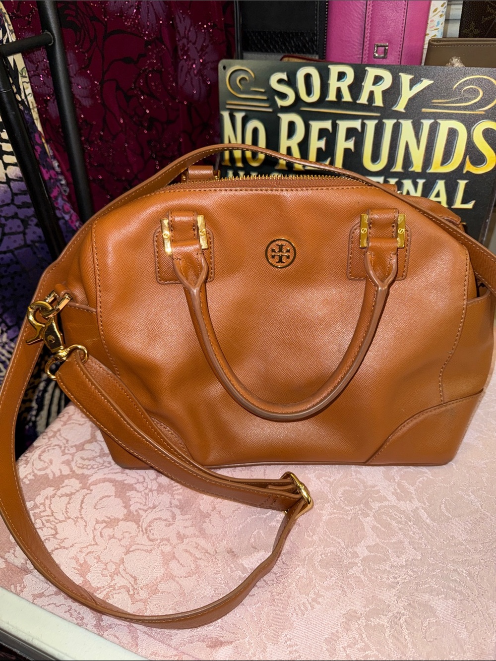 Tory Burch Cognac Leather Dome Satchel with Removable Strap